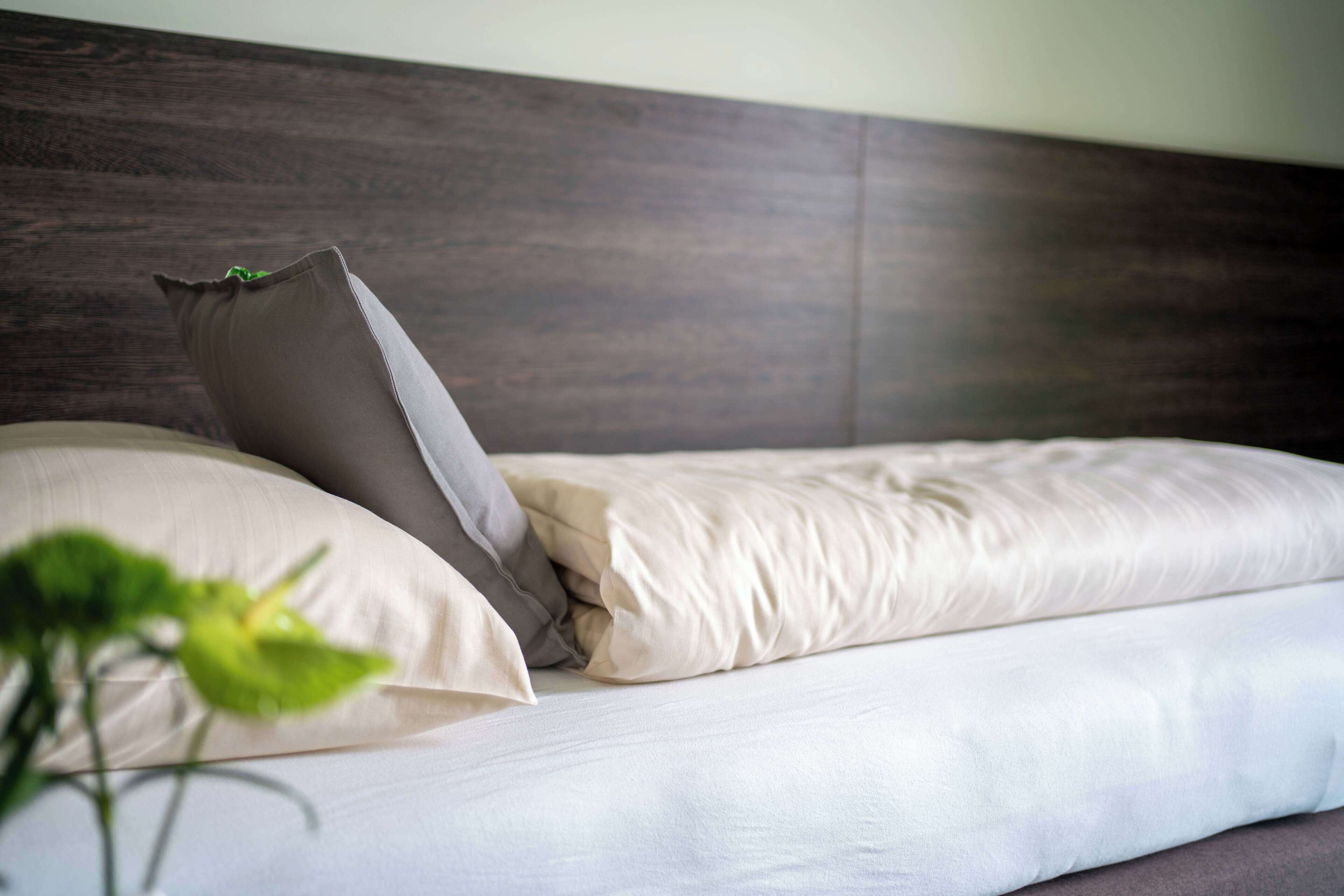 Una cama bien hecha con tablero de madera y dos almohadas.