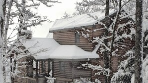 A log cabin with a snow-covered roof, surrounded by trees. - Best view in Georgia. Unbelievably peaceful. Amazing night sky. (Morganton)