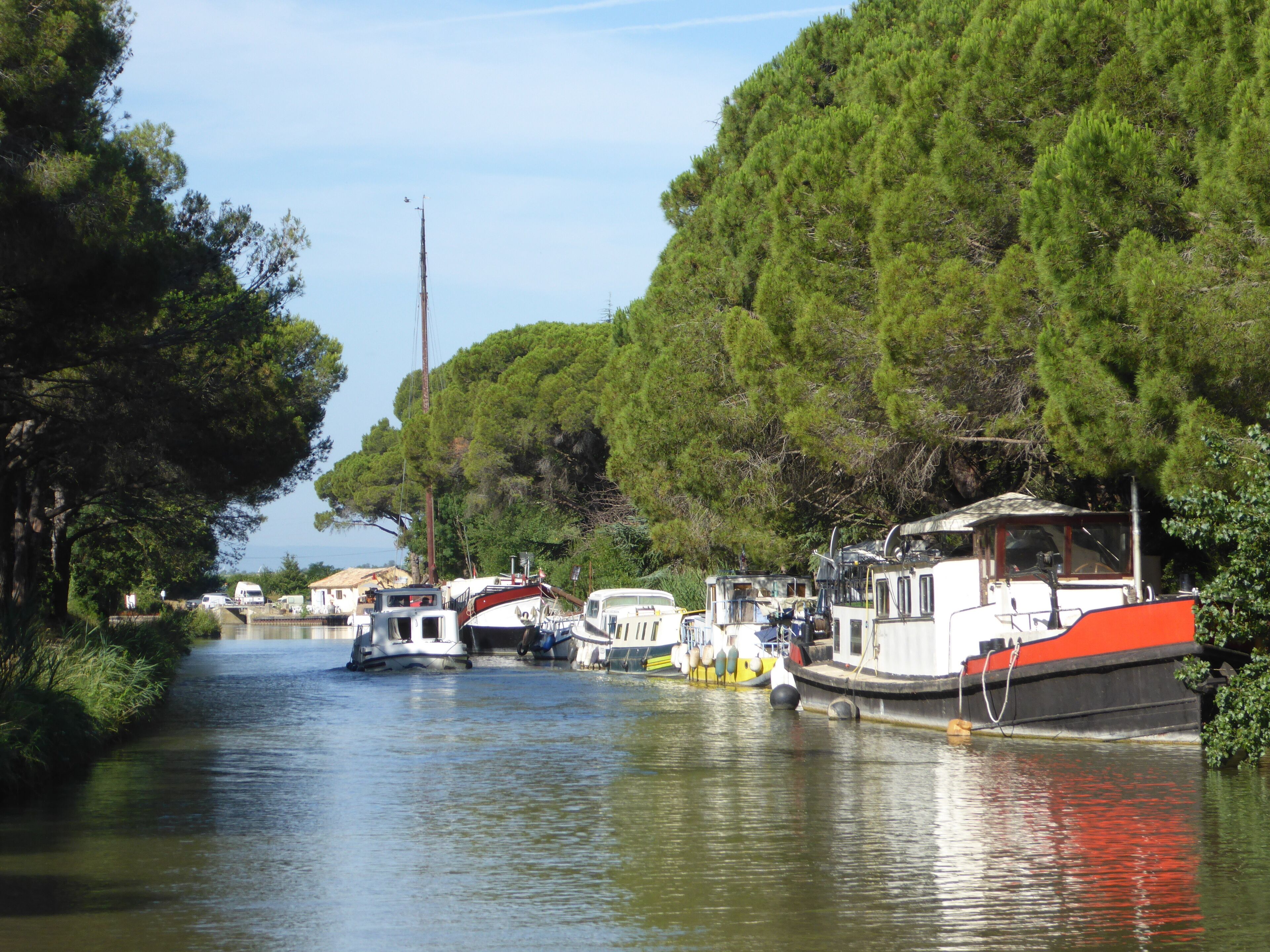 Ein Kanal mit vertäuten Booten, umgeben von dichtem Grün.