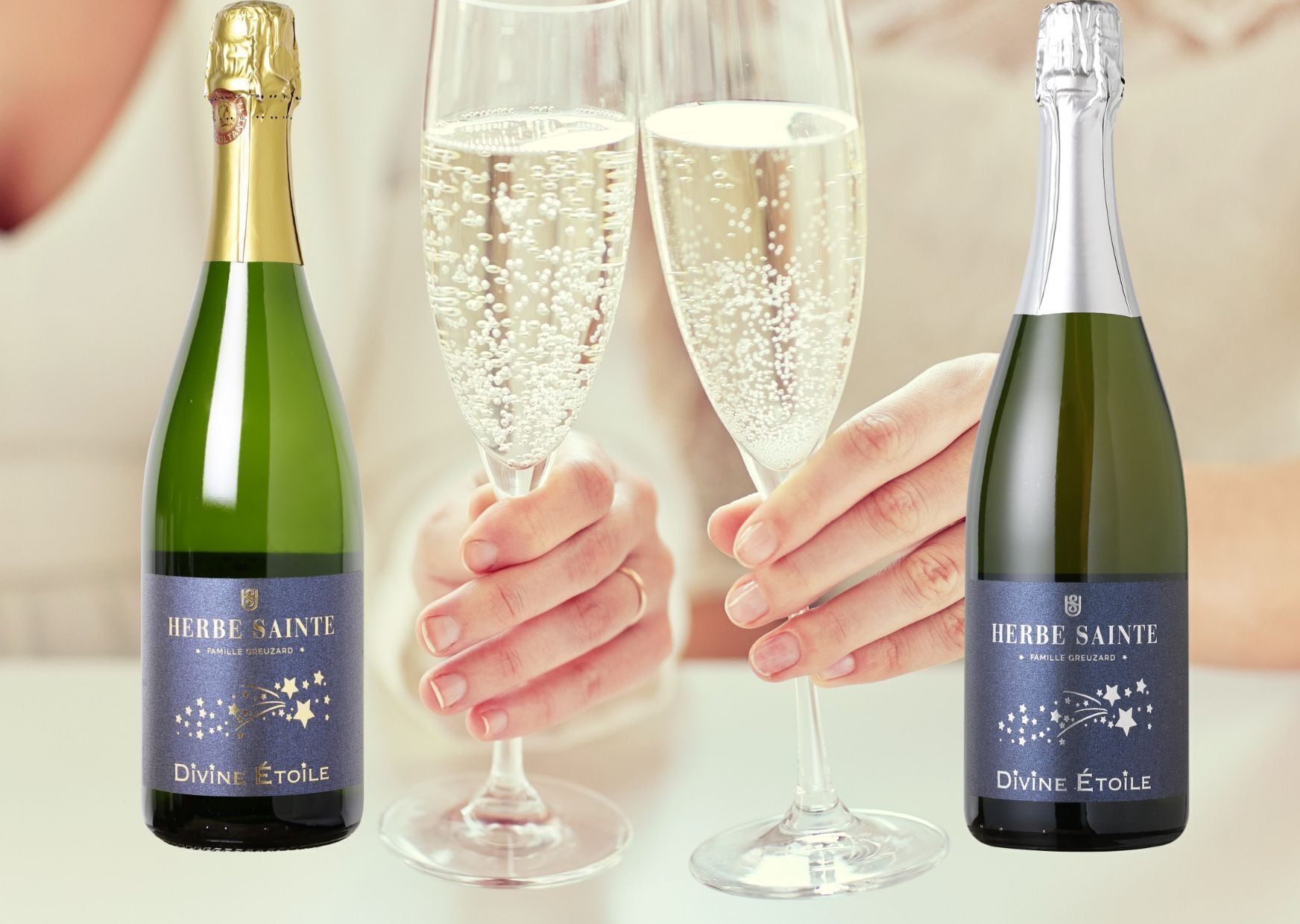 Three bottles of 'Herbe Sainte Divine Étoile' champagne and two champagne flutes.