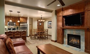 TV, fireplace, video games, DVD player