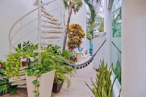 Un escalier en colimaçon, des plantes en pot et un hamac dans un espace extérieur baigné de soleil.