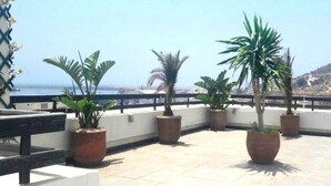 Eine Dachterrasse mit Topfpflanzen und Blick auf das Meer.