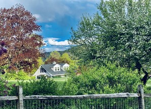 A house with a sloped roof, surrounded by lush greenery and trees. - Idillic summer getaway in Litchfield Hills, CT. (Sharon)