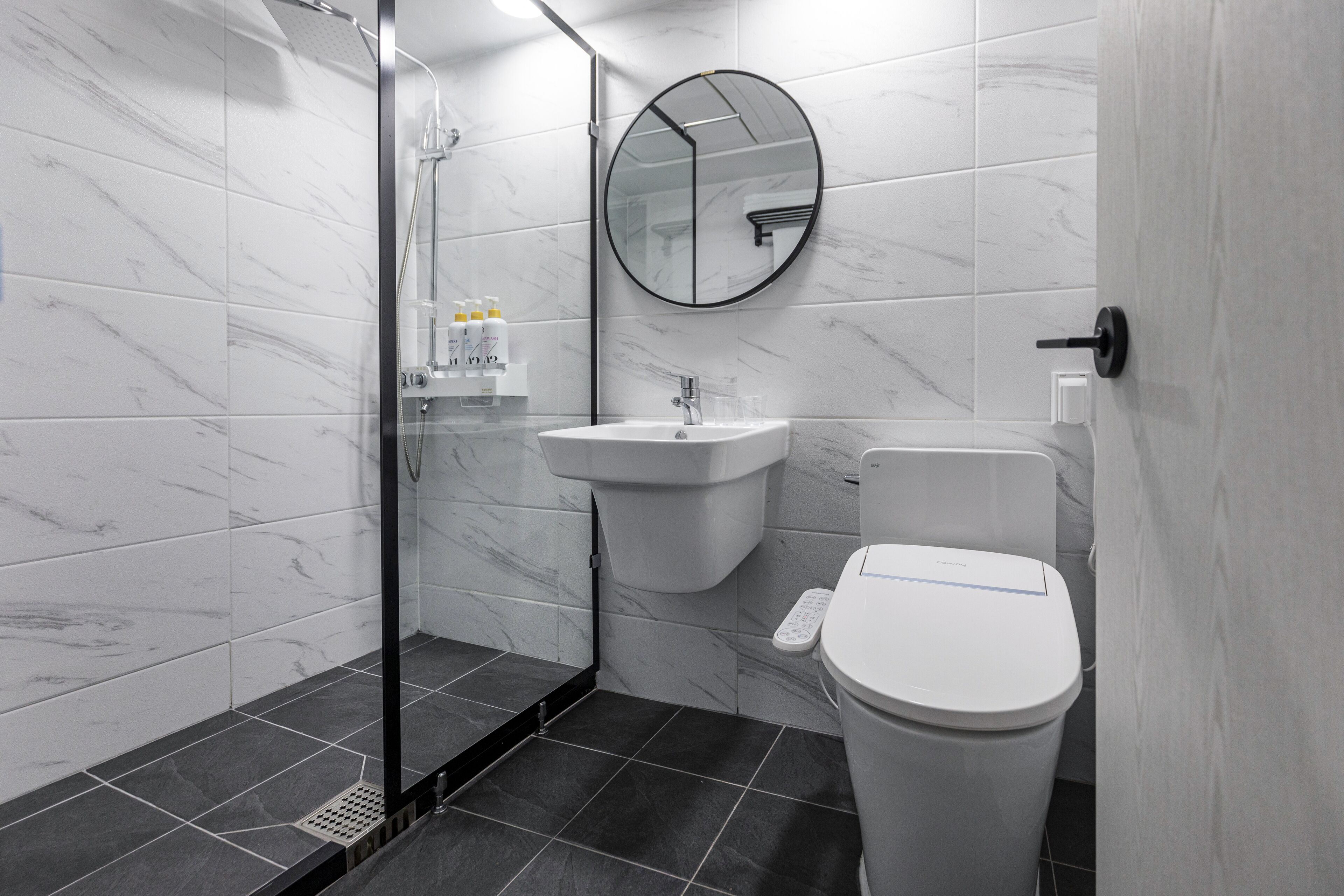 hair dryer, bidet, towels, soap