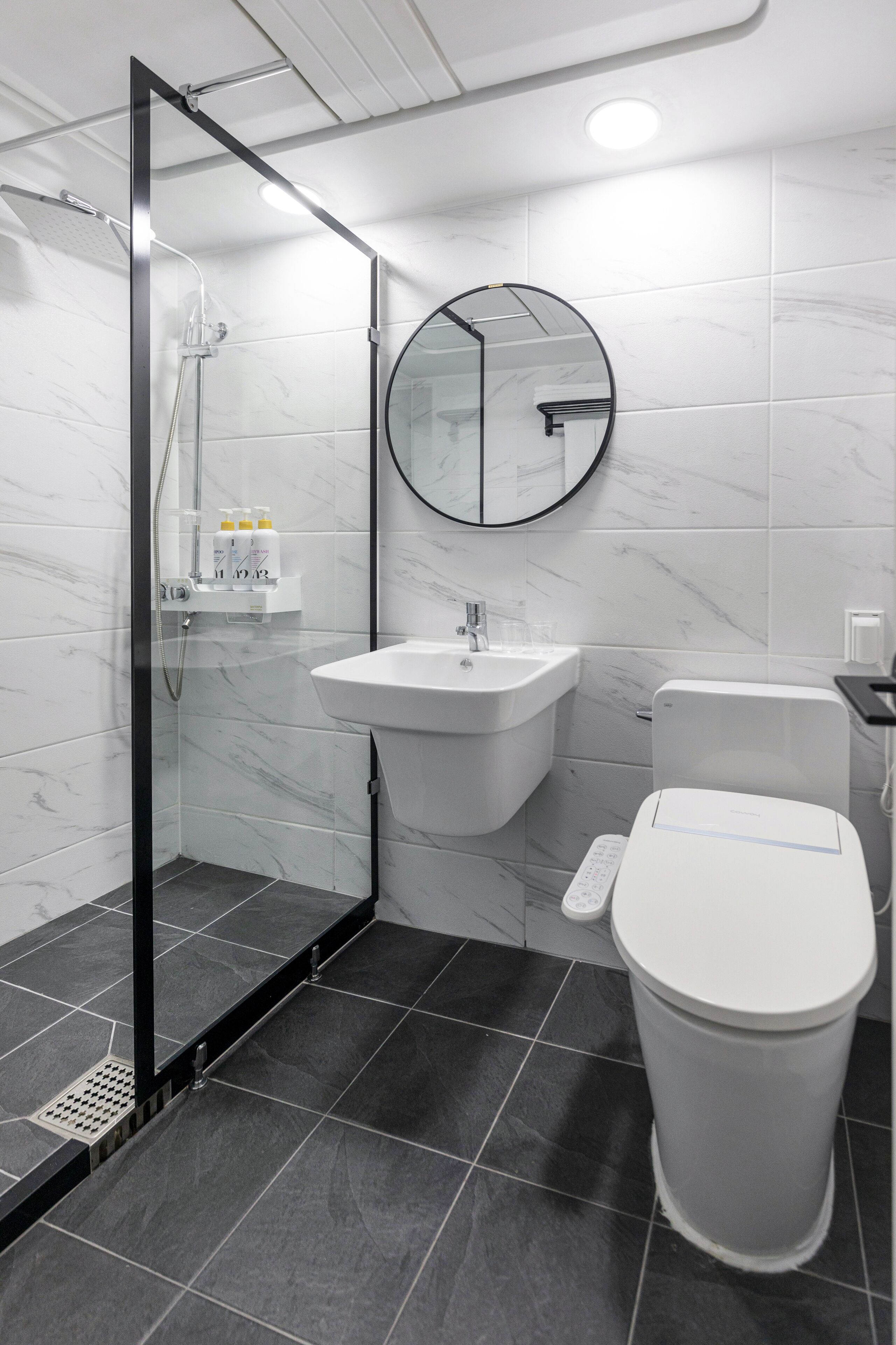 A modern bathroom with a glass-enclosed shower, a white sink, and a toilet.