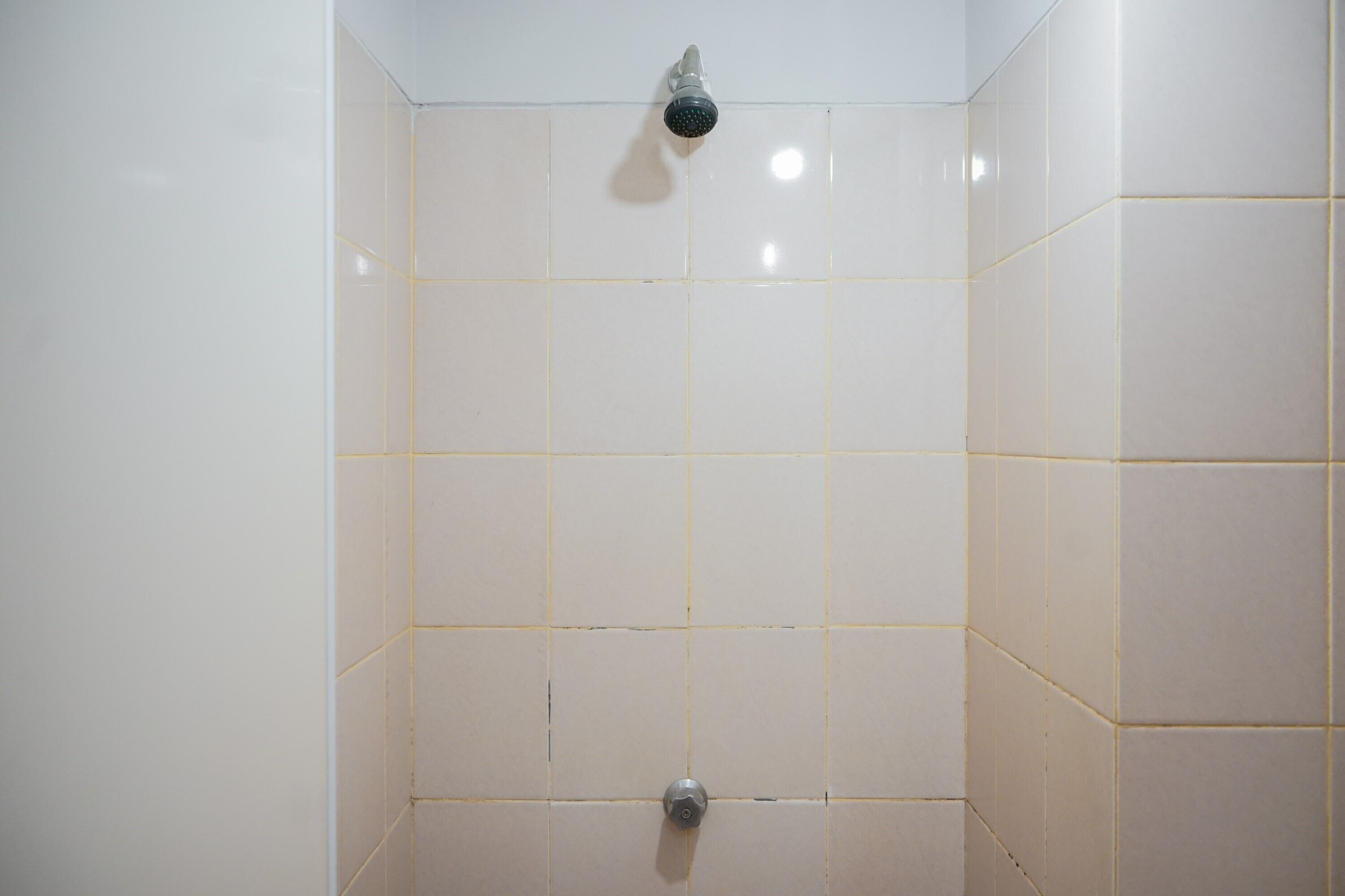 A bathroom with white tiled walls and a showerhead.