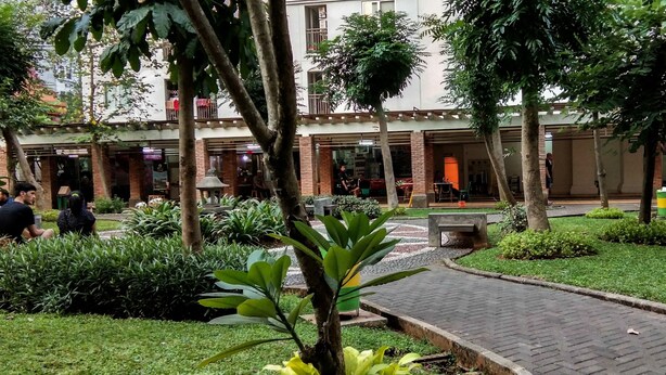 Un patio con sendero de ladrillo, follaje y un edificio con balcón.