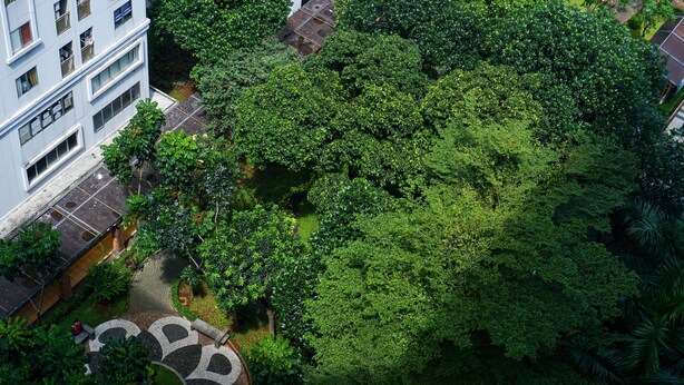 An aerial view of a building surrounded by dense greenery, with a paved courtyard and a visible staircase. - Comfort Stay Studio Room @ Green Palace Kalibata Apartment (Jakarta)