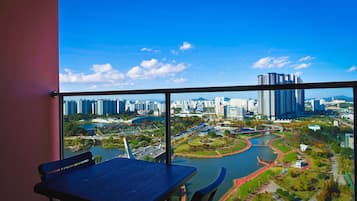 Desk, laptop workspace, blackout drapes, soundproofing