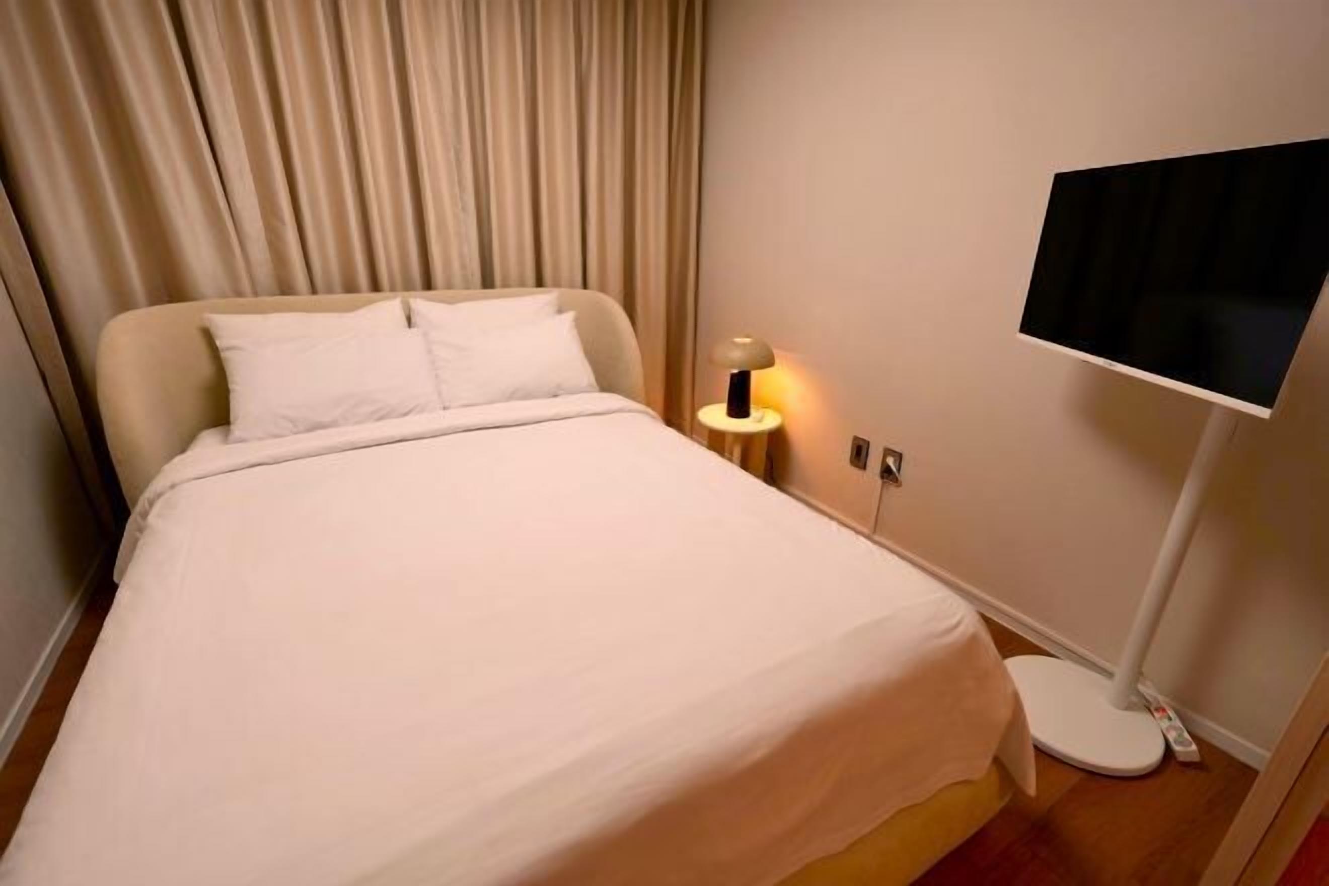 Desk, laptop workspace, blackout curtains, soundproofing