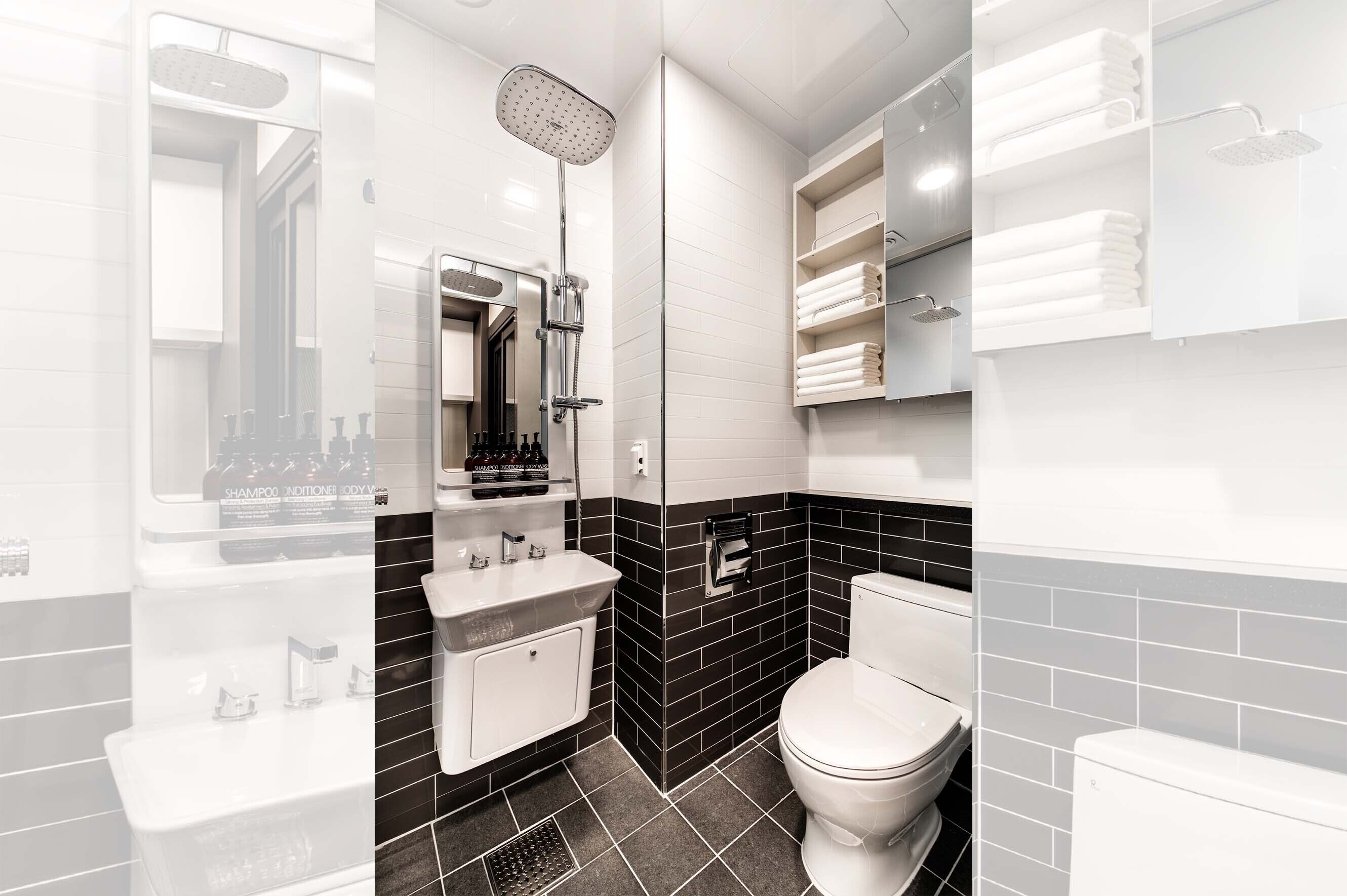 Shower, rainfall showerhead, hair dryer, slippers