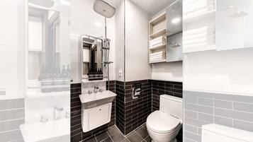 Shower, rainfall showerhead, hair dryer, slippers