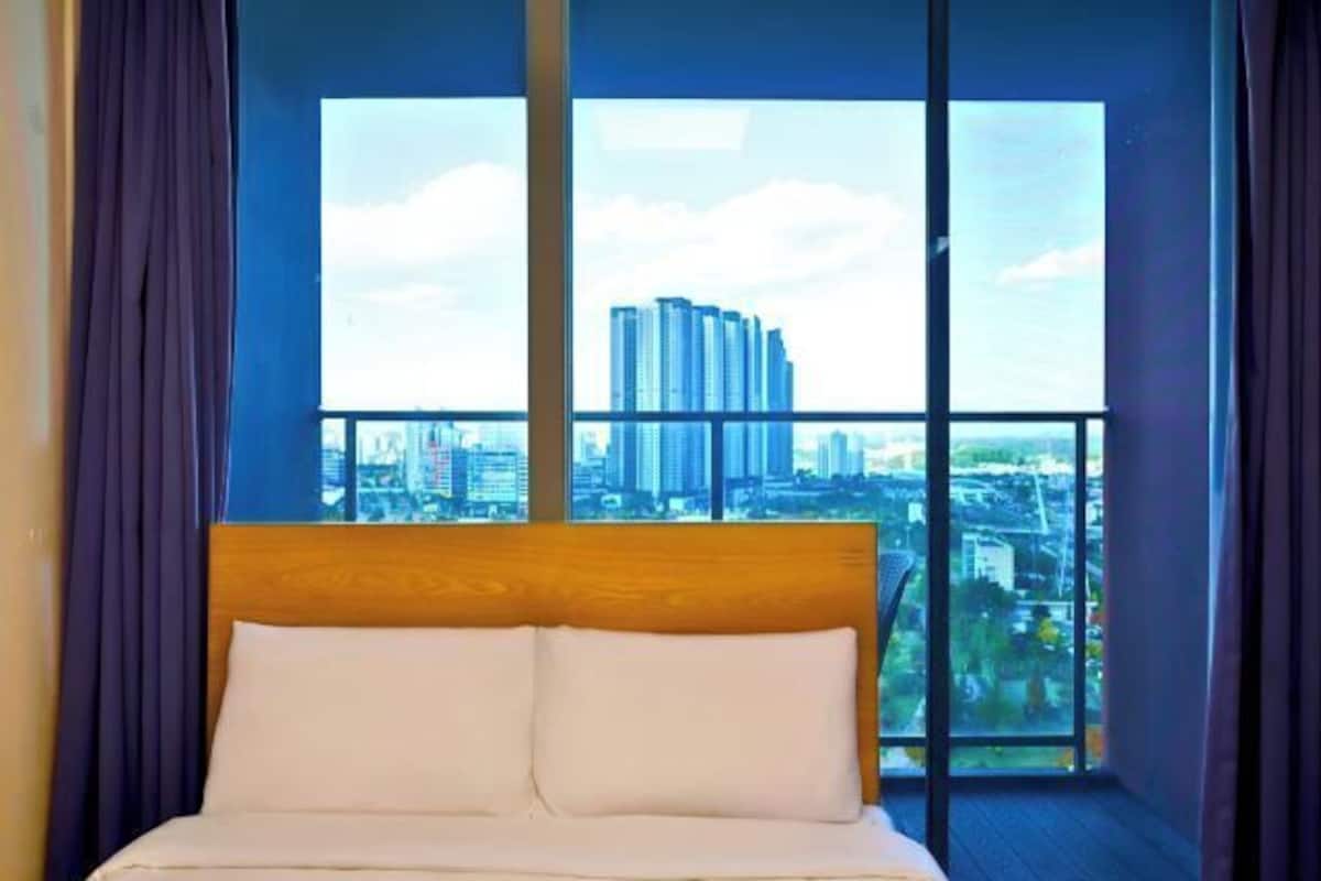 Desk, laptop workspace, blackout drapes, soundproofing