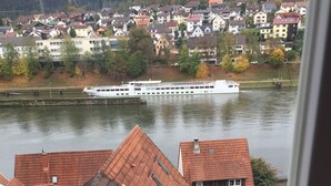 A river with a boat, houses with red roofs, and a window frame. - W.1. Ruhiges Apartment mit Veranda am Schlossgarten (Hirschhorn (Neckar))