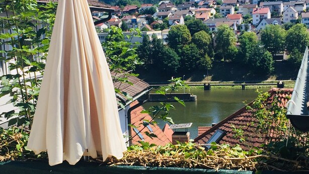 A terrace with a table and chairs, overlooking a town with houses and a river. - W.1. Ruhiges Apartment mit Veranda am Schlossgarten (Hirschhorn (Neckar))