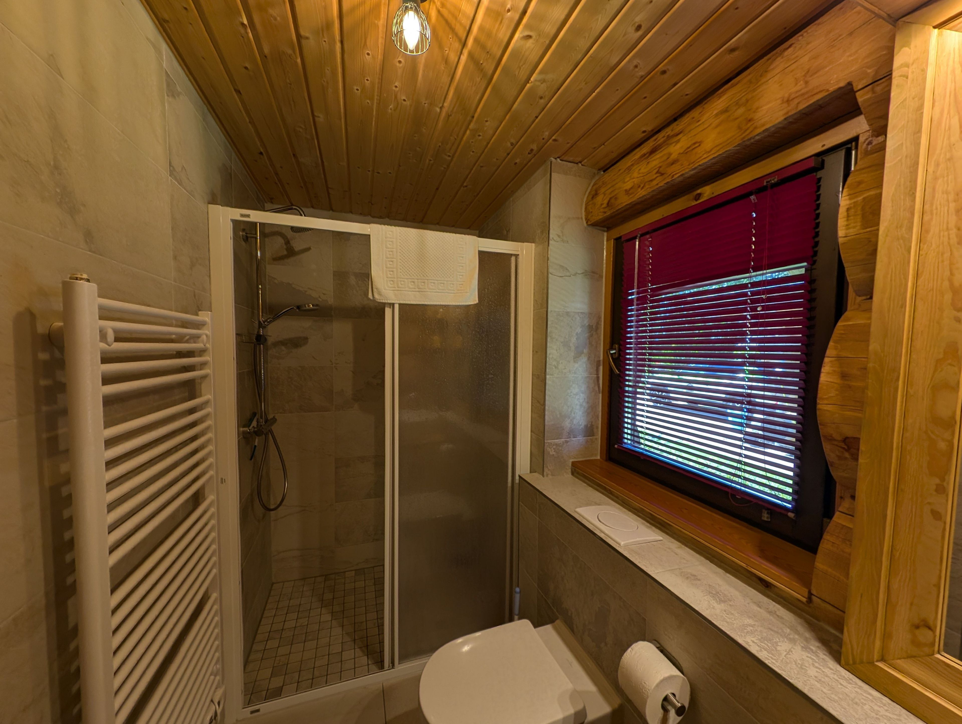 Dusche mit Glastür, Toilette und Fenster mit Jalousien.