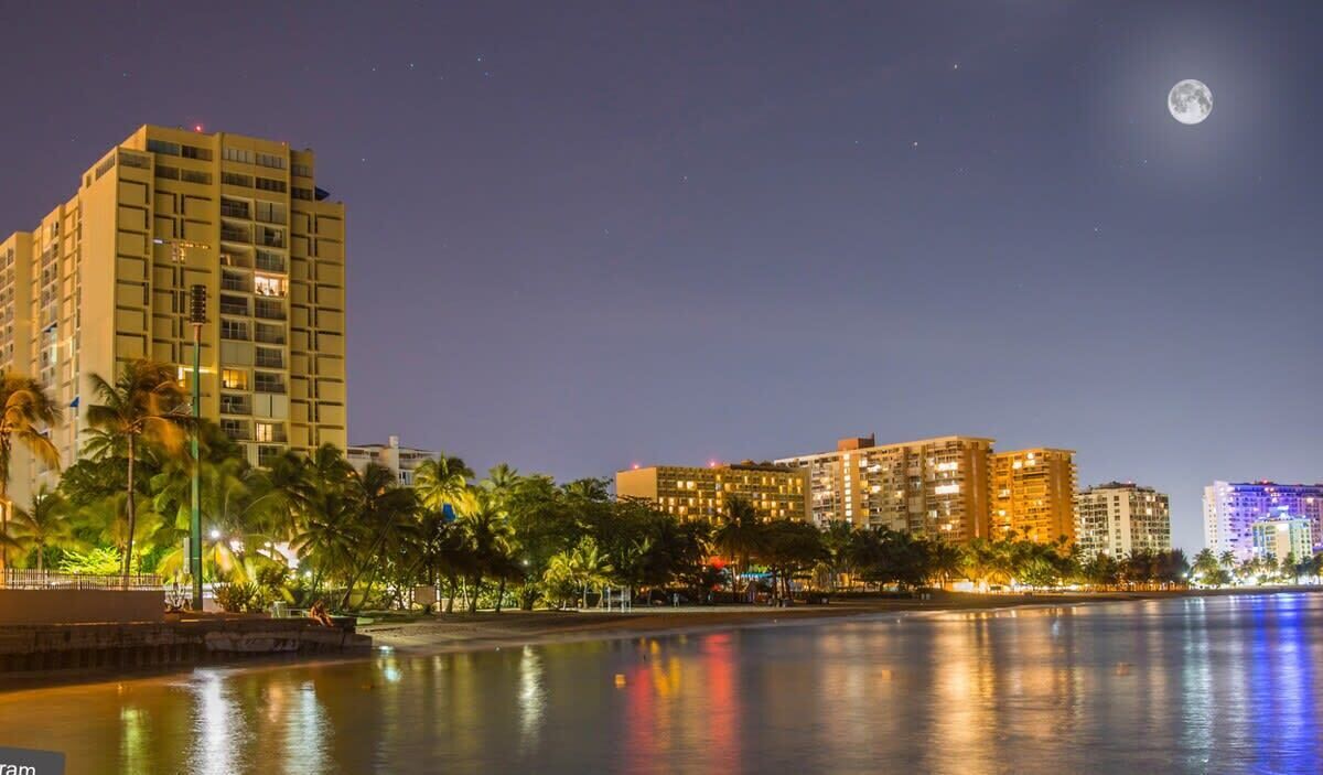 A nighttime cityscape with a large hotel building, palm trees, and a calm waterfront.