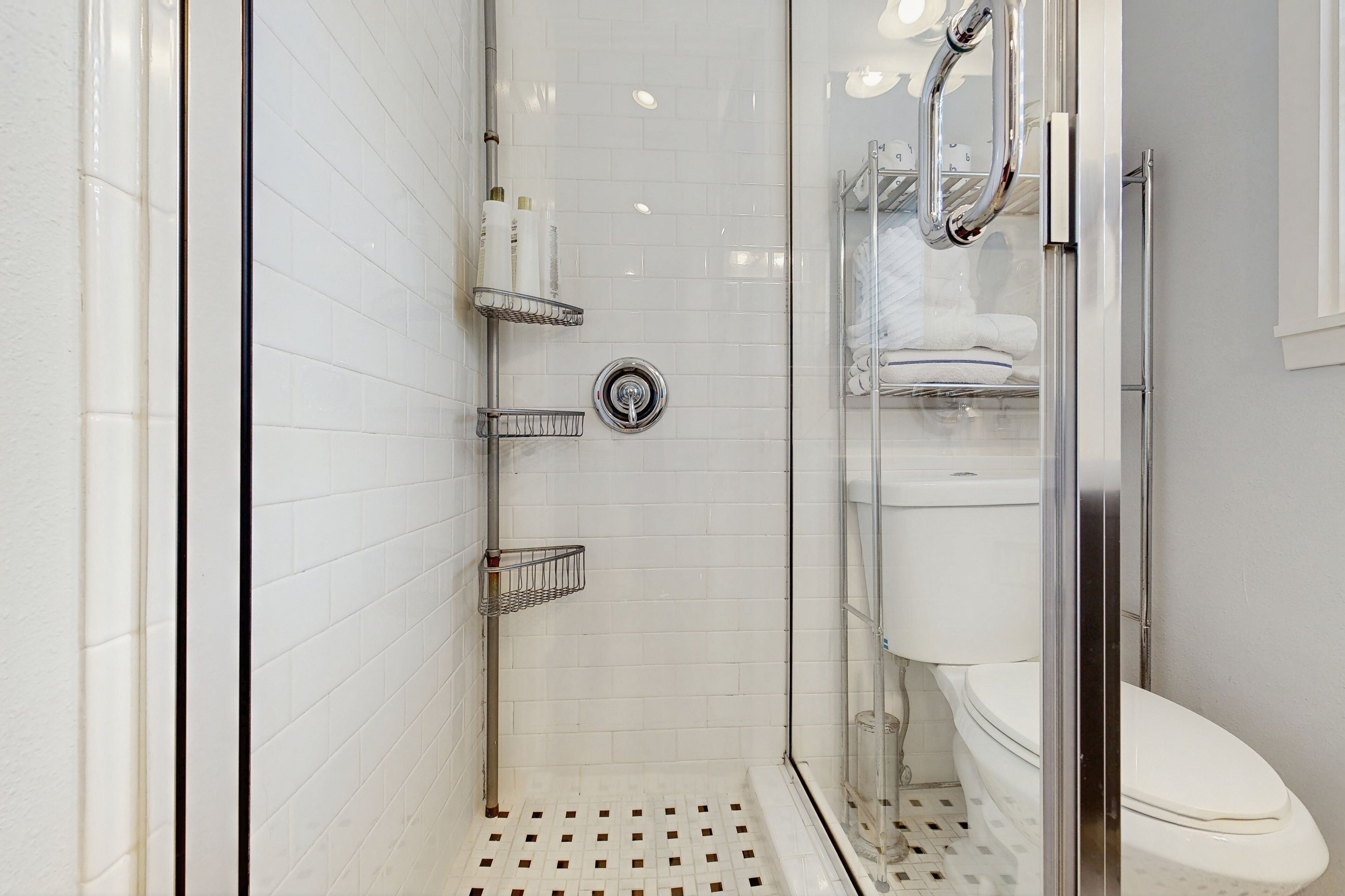 Hair dryer, towels, soap, shampoo