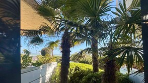 On aperçoit un bâtiment bordé de palmiers et de verdure, avec un ciel dégagé et une étendue d’eau en arrière-plan.