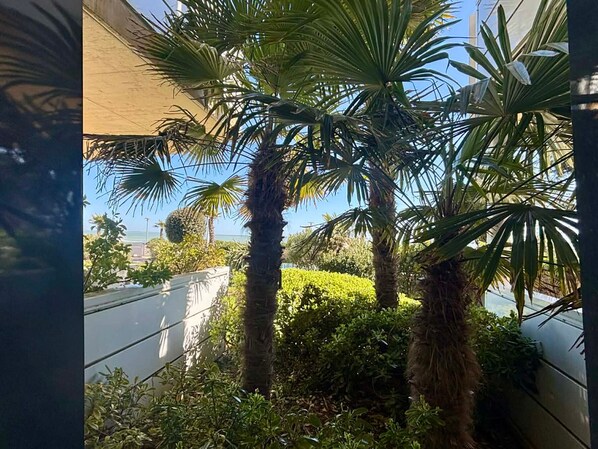 Een uitzicht op een gebouw met palmbomen en begroeiing, een heldere lucht en een waterpartij op de achtergrond.