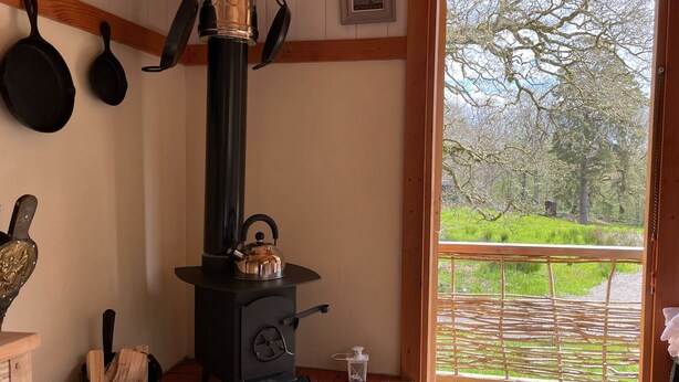 A cozy room with a wood-burning stove, a window with a view of a green landscape, and a door leading outside. - Cosy Woodland off Grid Shepherds Hut - Hazel (Castle Douglas)