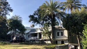 Un barrio residencial con dos casas, césped y palmeras.