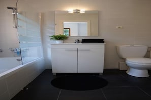 Bañera con ducha, secador de pelo, toallas, jabón