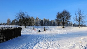 A snowy landscape with a wooden fence, leafless trees, and a clear blue sky. - Schelterhof (Wunsiedel)