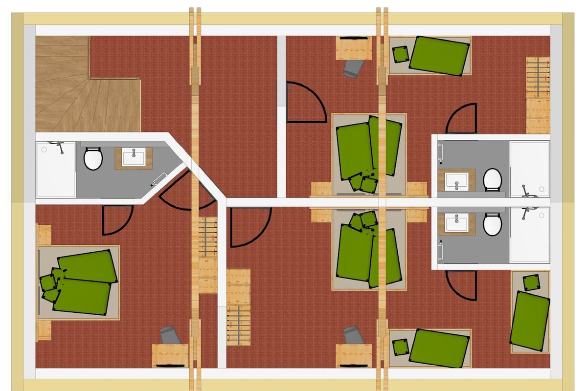 A hotel layout with multiple rooms, each containing a bed, a desk, and a bathroom.