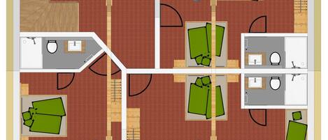 A hotel layout with multiple rooms, each containing a bed, a desk, and a bathroom.