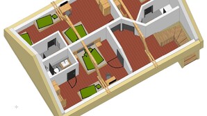 Een driedimensionale plattegrond van een hotelkamer met een bed, een bureau, een stoel, een kledingkast, een badkamer en een klein balkon.