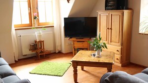 Una sala de estar con televisor, aparador de madera y alfombra verde.