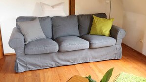 Un sofá gris con varios cojines, piso de madera y una planta verde.