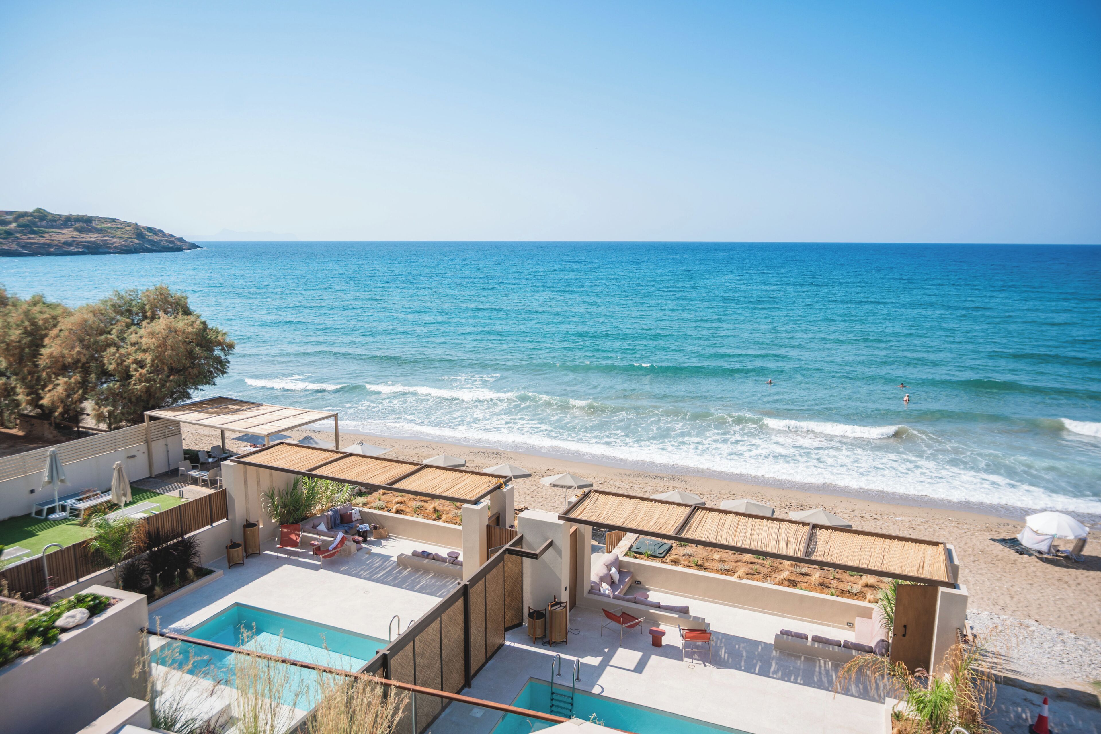 On the beach, sun-loungers, beach towels