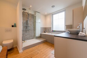 Tina, secadora de cabello, toallas, papel de baño 