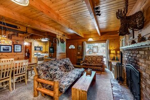 Televisie, een open haard, een dvd-speler en boeken