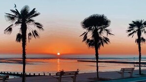 A sunset over a beach with palm trees and benches. - Estuary Views Penthouse 🖤 Beachfront with Parking (Southend-on-Sea)