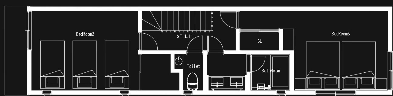 A floor plan of a hotel with three bedrooms, a 3F hall, a bathroom, and a toilet.