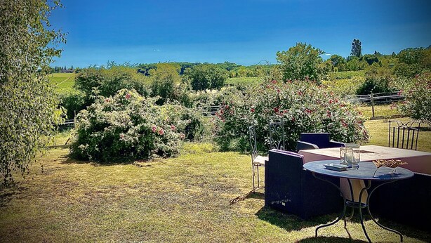 Un espace extérieur aménagé avec une table et des chaises, entouré d’un jardin où poussent différentes plantes et fleurs.