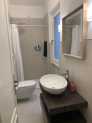 Secadora de cabello, toallas, jabón, papel de baño 