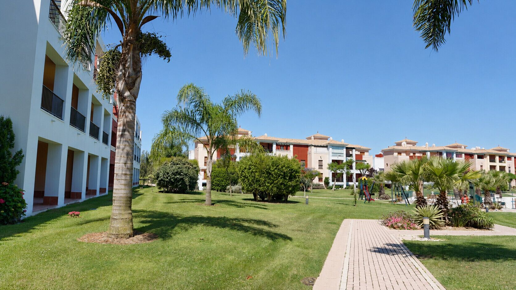 Un patio con una palmera, un parque infantil y un edificio con varios balcones.
