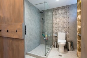Combined shower/bathtub, hair dryer, towels, soap