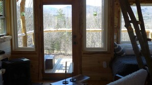 Una cabaña acogedora con interior de madera, un sofá, una mesita y vistas a un paisaje nevado a través de amplios ventanales.