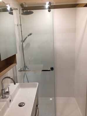 Shower, hair dryer, toilet paper