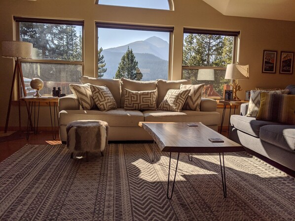 Smart TV, fireplace, books, stereo