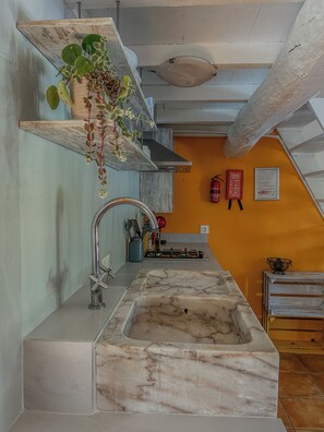 A kitchen with a marble sink, a hanging plant, a gas stove, and a fire extinguisher. - Attractive vacation home up to 4p (Macalhona)