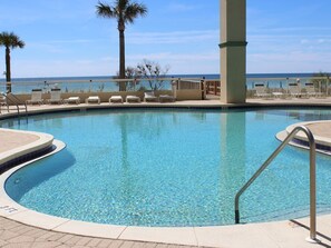 Une piscine d’un bleu éclatant, bordée de chaises longues et entourée de palmiers, le tout délimité par une clôture.