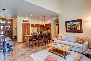 TV, fireplace, stereo - Mountain Thunder Condo- 7 Minute Walk to Main Street with Hot Tub, Pool & Sauna (Breckenridge)