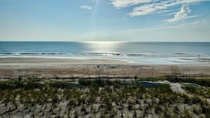 Une plage avec un ciel dégagé, l’océan et une végétation luxuriante.